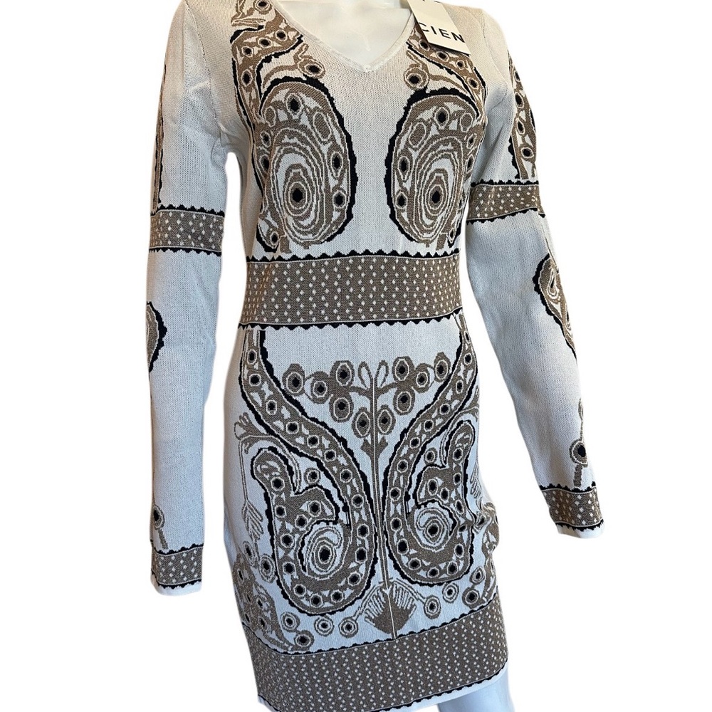 CIEN bodycon knit dress women large multicolor long sleeves v neck AOP